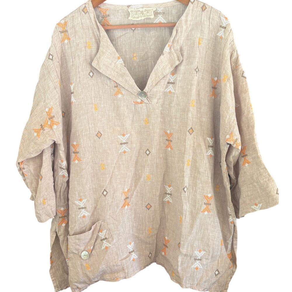 Stella Moda Linen Embroidered Tunic XL Blouse Top Italy Coastal Old Money Luxury